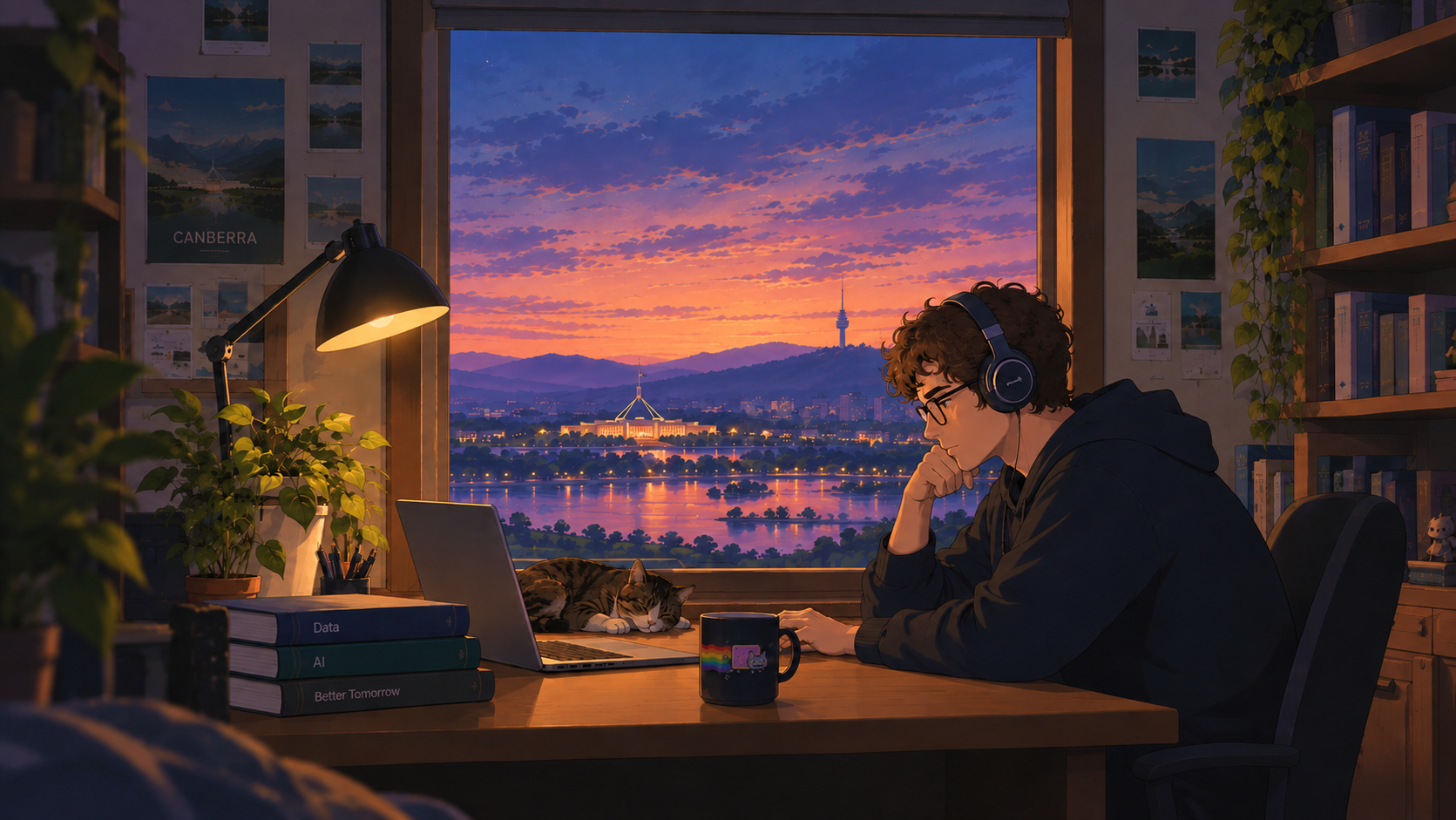Cozy illustrated workspace with a curly-haired man wearing glasses and headphones, working at a desk overlooking a city at sunset
